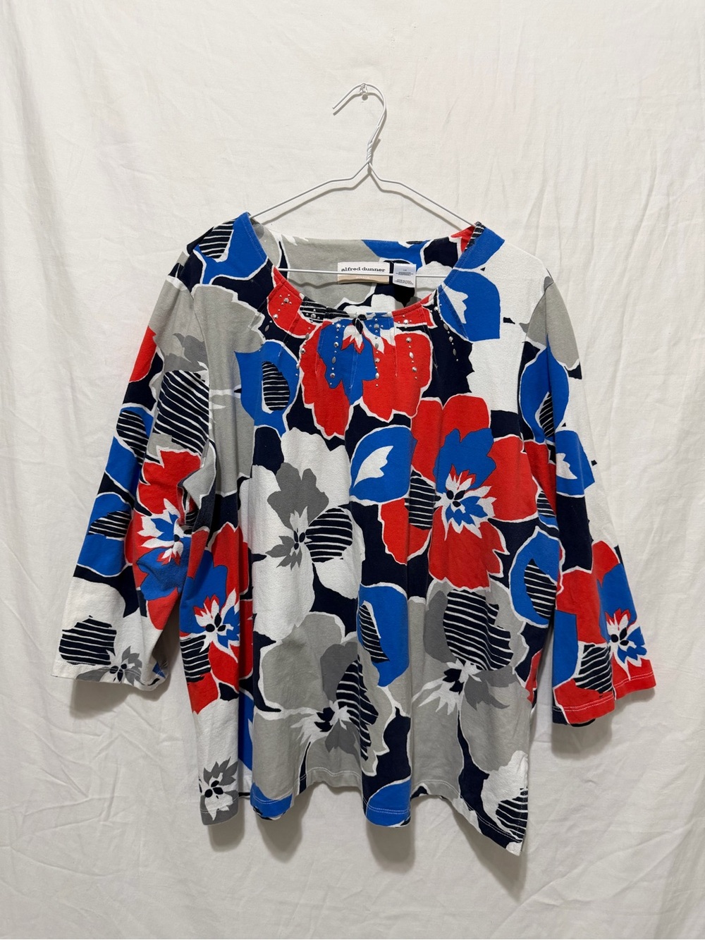 Alfred Dunner Floral Tunic Cotton Knit Red, Blue & Gray Bold Maximalism Size 1X